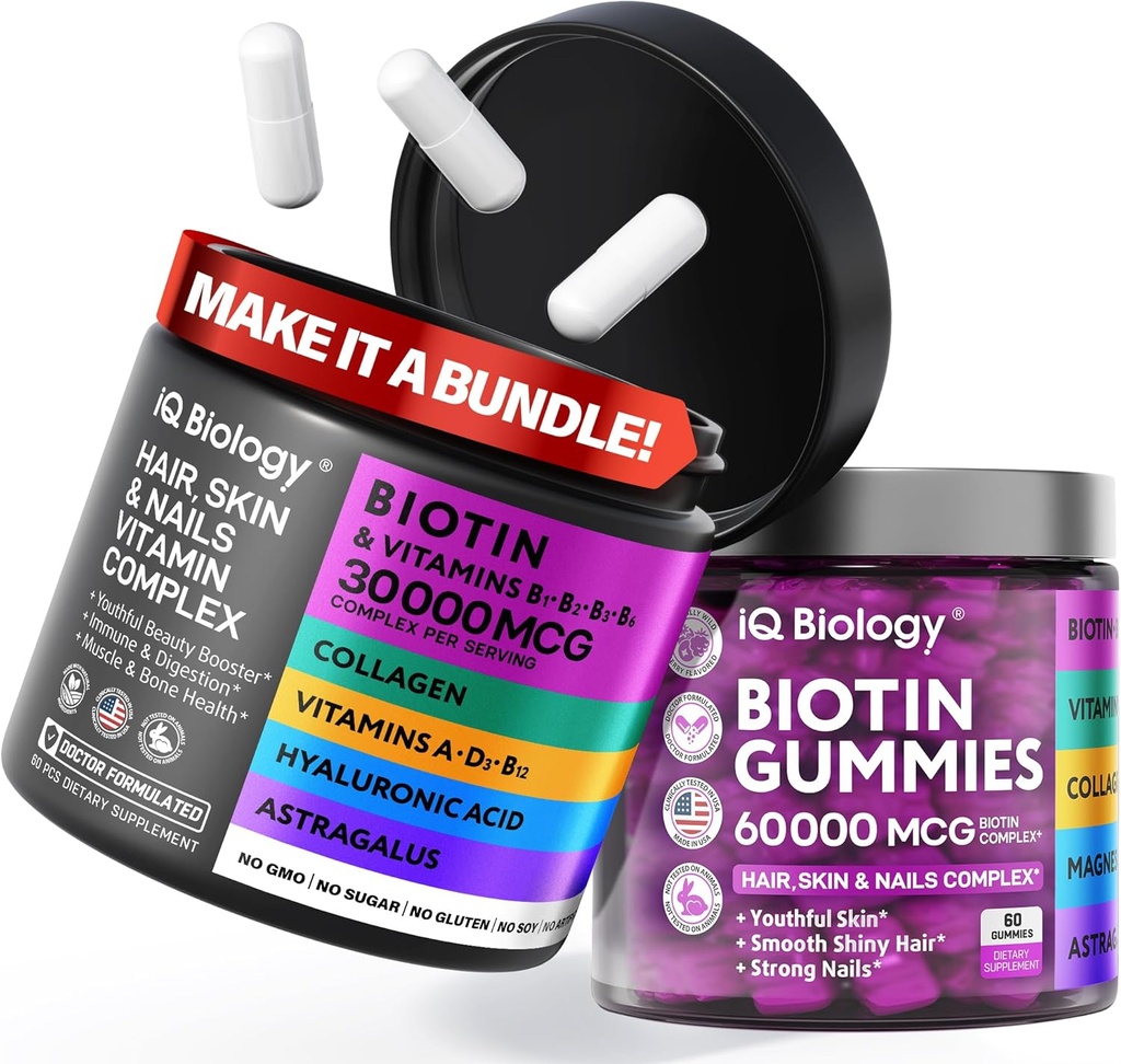 Biotin Hair Growth Bundle - Biotin Vitamins & Keratin Capsules + Hair Gummies med Collagen & Astragalus - Hair Skin Nails Vitamins för kvinnor och män | 60 Caps + 60 Gummies