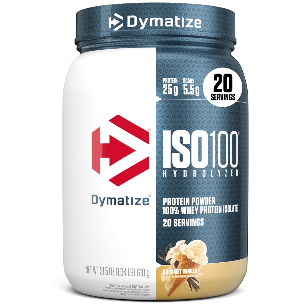 Dymatize ISO100 Whey Protein Powder Isolate, Gourmet Vanilla, 25g Protein, 5,5 g BCAA, mindre än 120 Cal., Gluten Free, 1g Fat, 1g Sugar, 2g Carb (20 portioner)