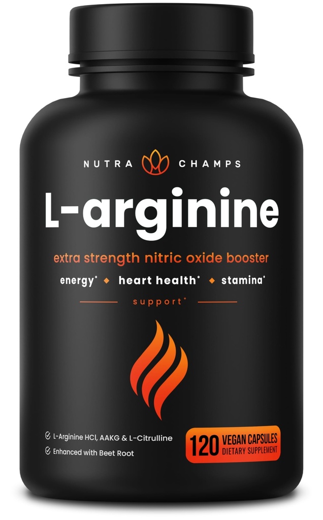 NutraChamps L-Arginine Supplement 1000mg + L-Citrulline 250mg & Beet Root - Nitric Oxide Booster for Heart Health, Energy & Stamina - Extra Strength Amino Acid Complex - 120 Vegan Capsules