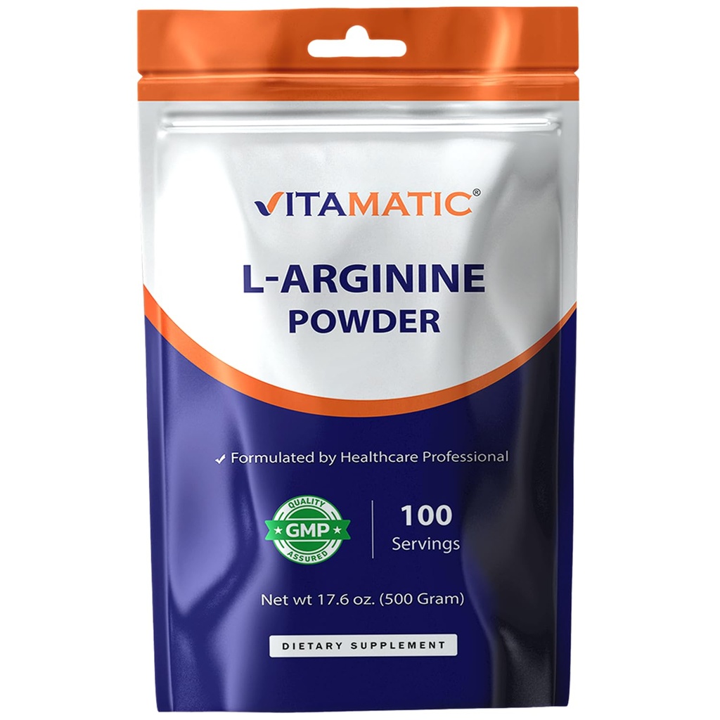 Vitamatic L-Arginine Pure Powder 500 Gram | Unflavored | Non GMO | Gluten Free | Inga tillsatser | 5000mg Per Servering | 100 portioner