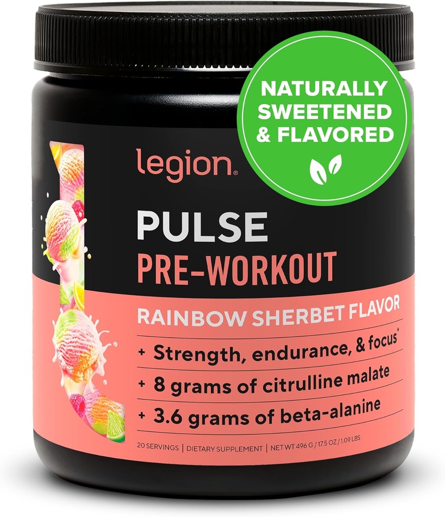 LEGION Pulse Pre Workout - All Natural Nitric Oxide Preworkout Drink för att öka energi, kreatinfri, naturligt sötad, Beta Alanine, Citrulline, Alpha GPC (Rainbow Sherbet)