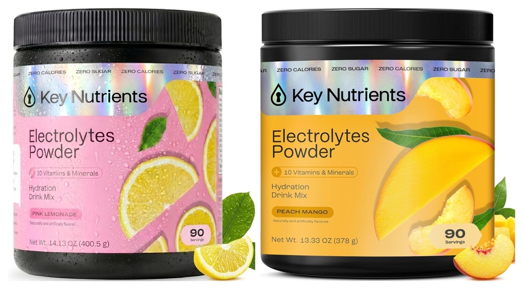 KEY NUTRIENTS Ultimate Hydration & Recovery Electrolyte Bundle – Tropical Peach Mango & Fresh Pink Lemonade, Sugar-Free, 90 Servings Varje