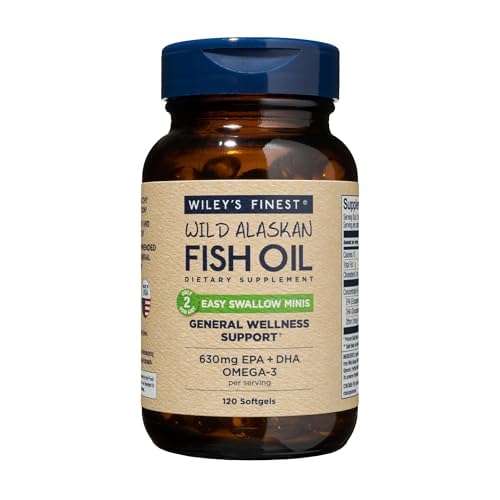 Wiley's Finest Wild Alaskan Fish Oil Easy Swallow Minis - Omega-3 Fish Oil Supplement för vuxna och barn - Double-Strength 630mg EPA och DHA Natural Supplement - 120 Mini Softgels (60 portioner)
