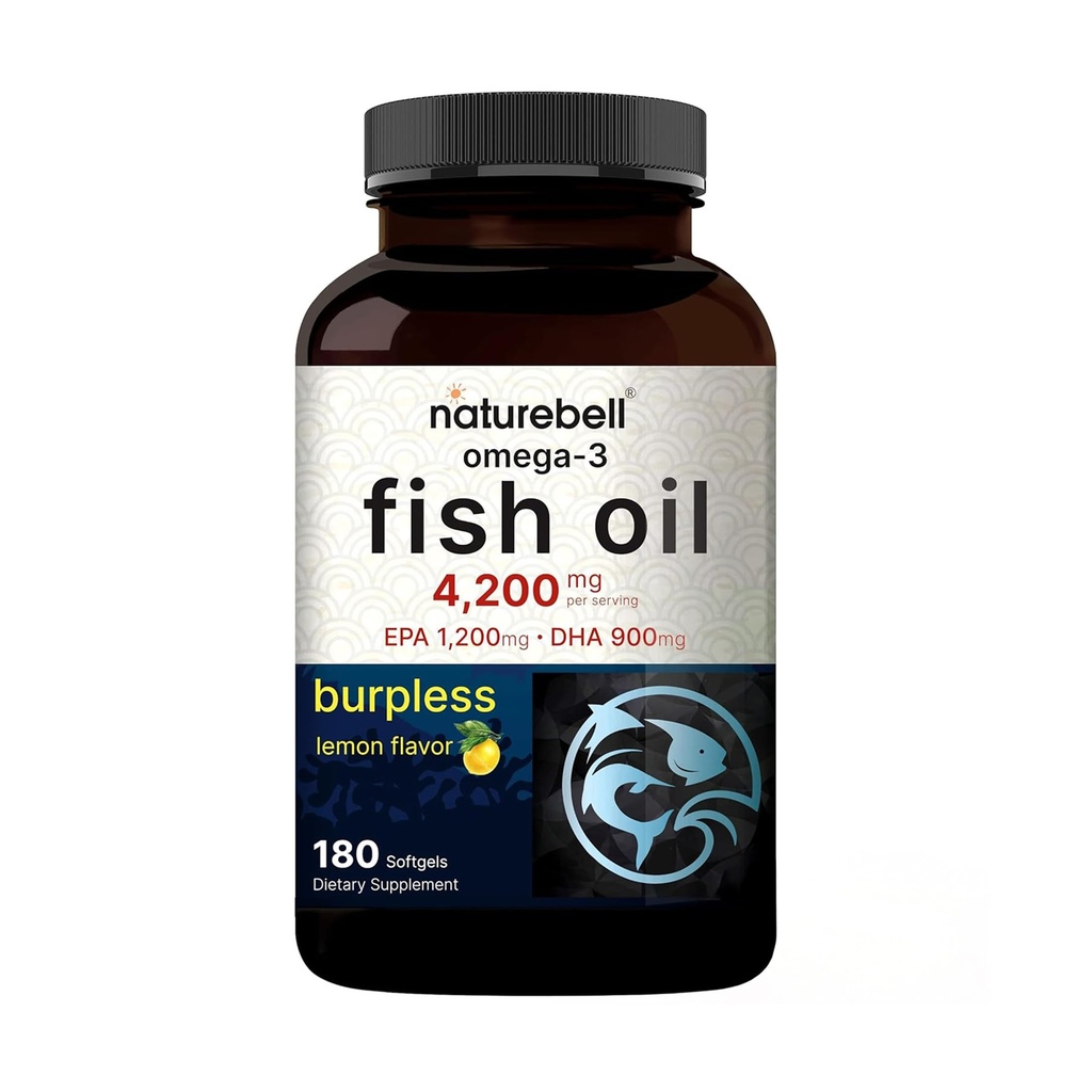 NatureBell Omega-3 Fish Oil - 180 Softgels - Support for Joint, Brain & Heart Health* - with EPA & DHA - No Burps or Fishy Aftertaste - Non-GMO & Mercury-Free Formula - Lemon Flavor