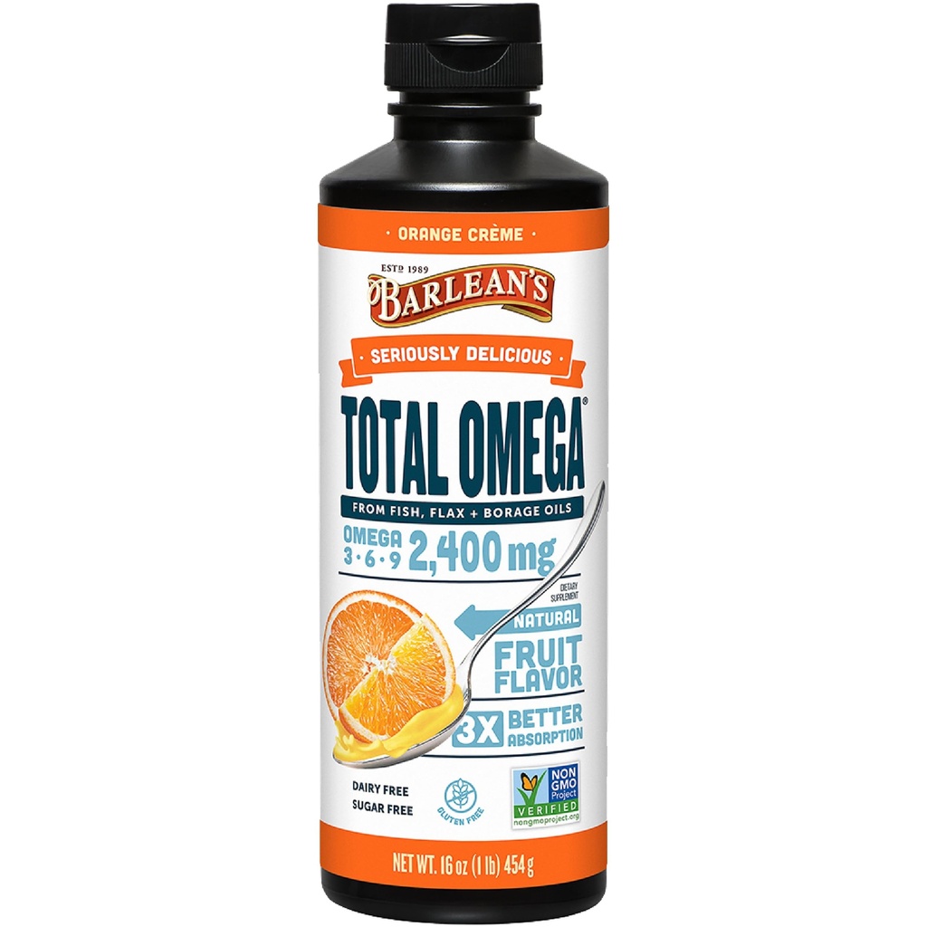 Barleans Total Omega 3 6 9 Liquid Fish Oil Supplement med Borage och Flaxseed Oil, Orange Crème, 2 400 mg EPA, DHA och GLA Fatty Acids, 16 oz