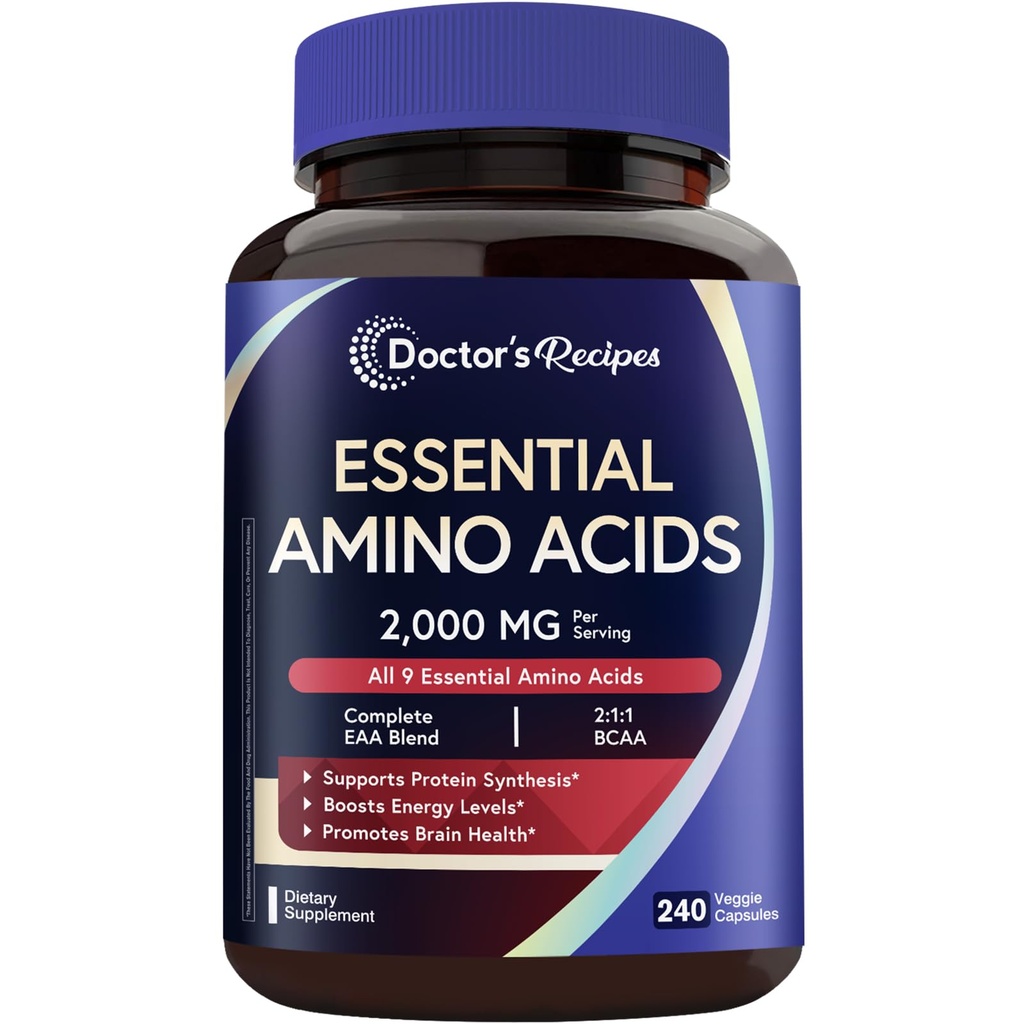 Doktorns recept Essential Amino Acids Supplement, alla 9 väsentliga aminosyror (EAA), BCAA 2:1:1, 240 Veggie kapslar