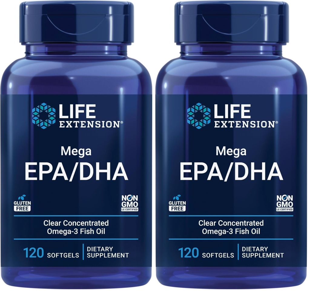 Life Extension Mega EPA/DHA, Omega-3 Fatty acids, Heart & Brain Health, Non-GMO, Gluten-Free, 120 softgels (Pack of 2)