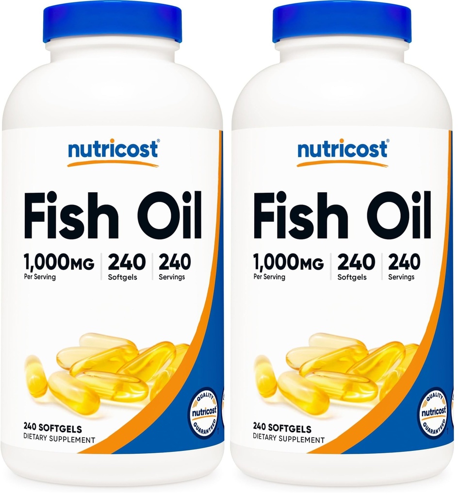 Nutricost Fish Oil Omega 3 Softgels med EPA & DHA (1000mg Fish Oil, 560mg Omega-3), 240 Softgels, Non-GMO, Gluten Free. (Pack of 2)