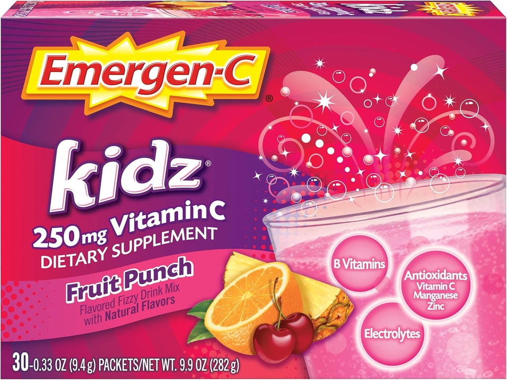 Emergen-C Kidz 250mg Kids Vitamin C Powder, koffeinfri, Immune Support Drink Mix, Fruit Punch Flavor - 30 greve / 1 månad Supply