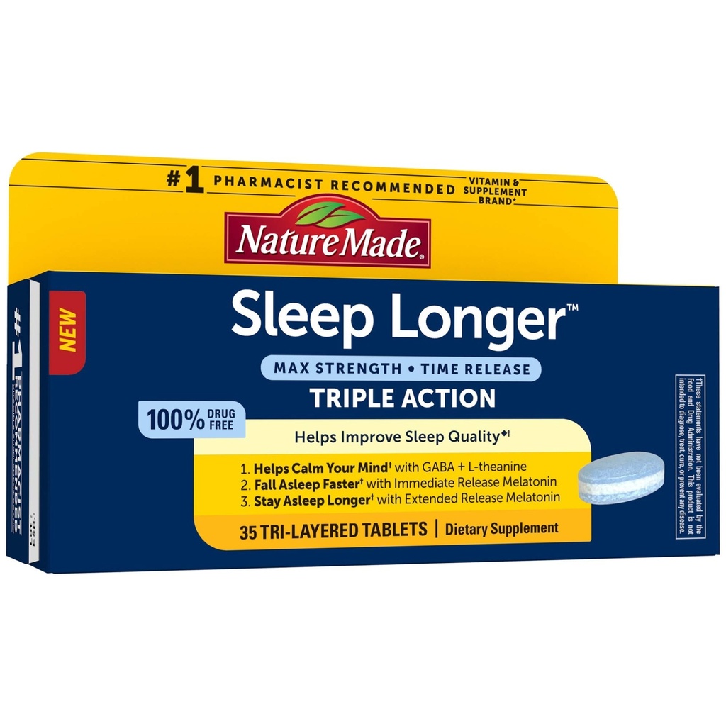 Nature Made Sleep Longer, Melatonin 10mg Time Release Tri-Layer Tablets, hjälper till att förbättra sömnkvaliteten, somna snabbare, sova längre, L-Theanin och GABA för att hjälpa lugna ditt sinne, 35 tabletter