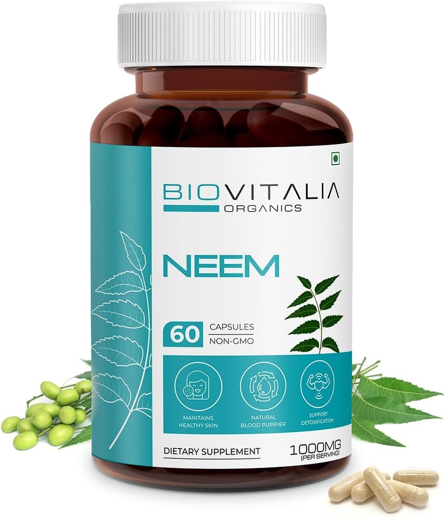 Biovitalia Plant Baserat Neem 1000mg Kapsel för Män & Kvinnor | Kosttillskott | Stöd Hälsosam & Främja Avgiftning - 60 Vegankapslar