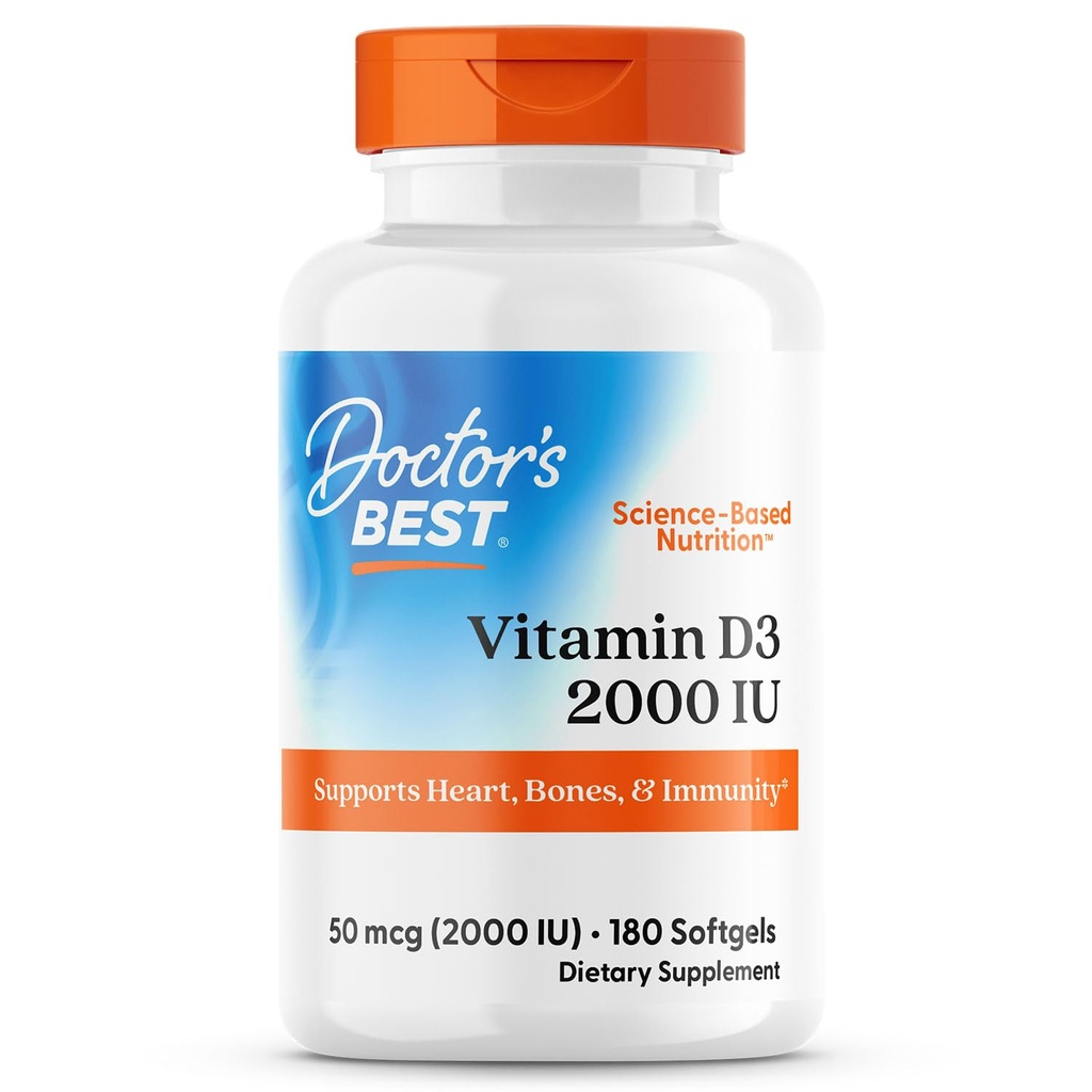 Doctor's Best Vitamin D3 2000 IU Softgels for Men & Women - Vitamin D Supplement for Immune System & Heart Health Support, 50 mcg per Serving, Vit D 3, Non GMO, Gluten Free, Soy Free - 180 Softgels