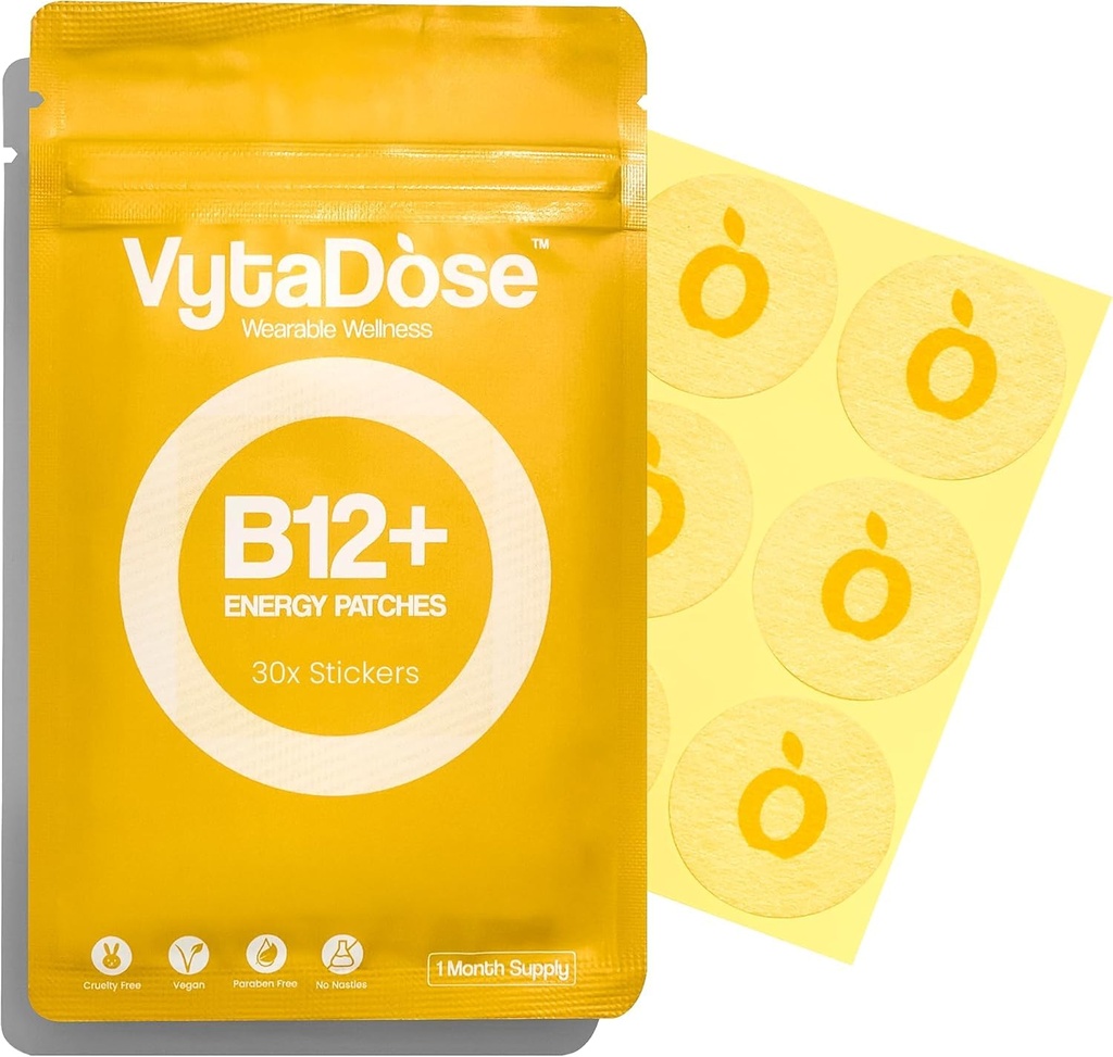 Vytadose Topical B12 Energy Patches for Mood, Energy & Cognition | Natural Caffeine Patches | Skin-Friendly, Water-Resistant | 30 Count