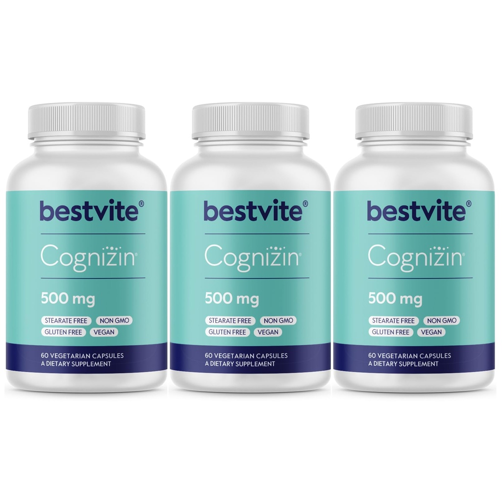 BESTVITE Cognizin Citicoline 500mg (180 vegetariska kapslar) (60x3) - Kliniskt Studerade Premium Choline Nootropic - No Stearates - Vegan - Gluten Free - Brain Supplements för minne och fokus