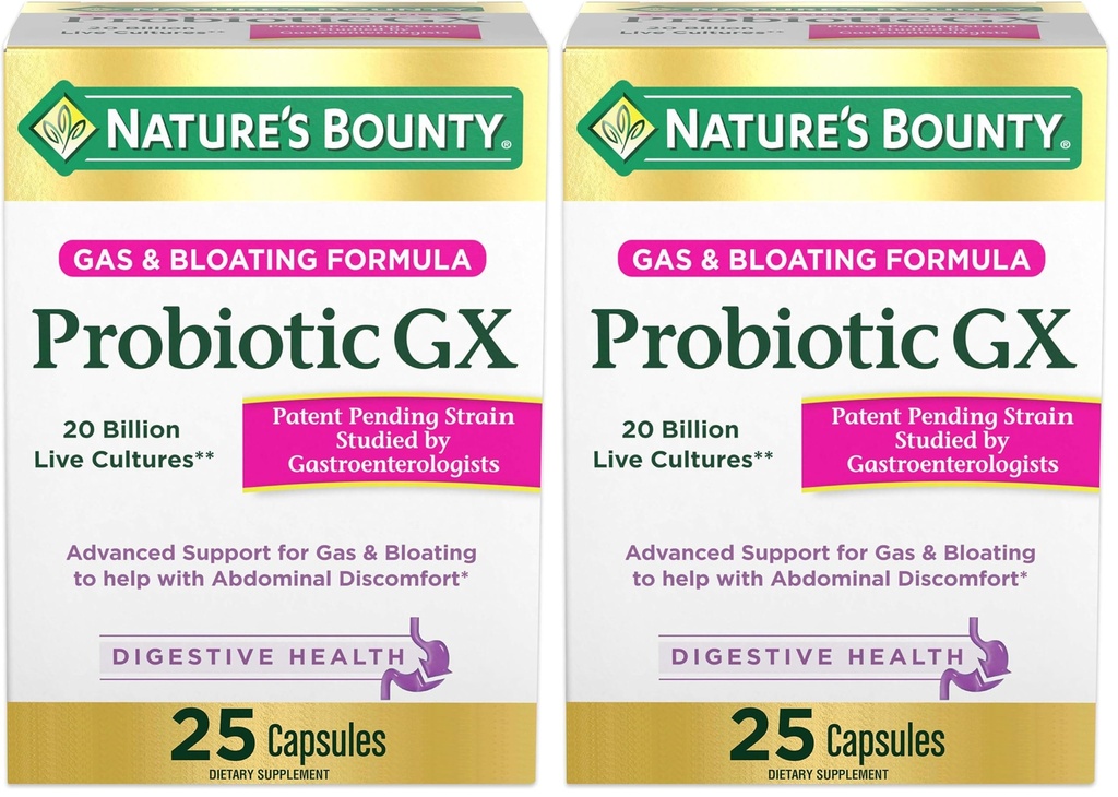 Naturens Bounty Probiotic GX, hjälper till med yrkesgas och uppblåsthet, kosttillskott, matsmältningshälsa, 25 kapslar (Pack of 2)