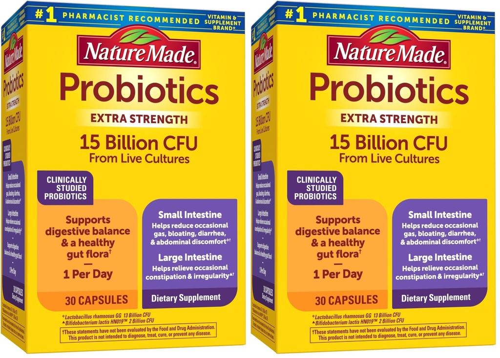 Nature Made Probiotics for Digestive Health Extra Strength 15 Billion CFU från Live Cultures, Probiotics for Women and Men,30 Probiotic Capsules,30 Day Supply (Pack of 2)