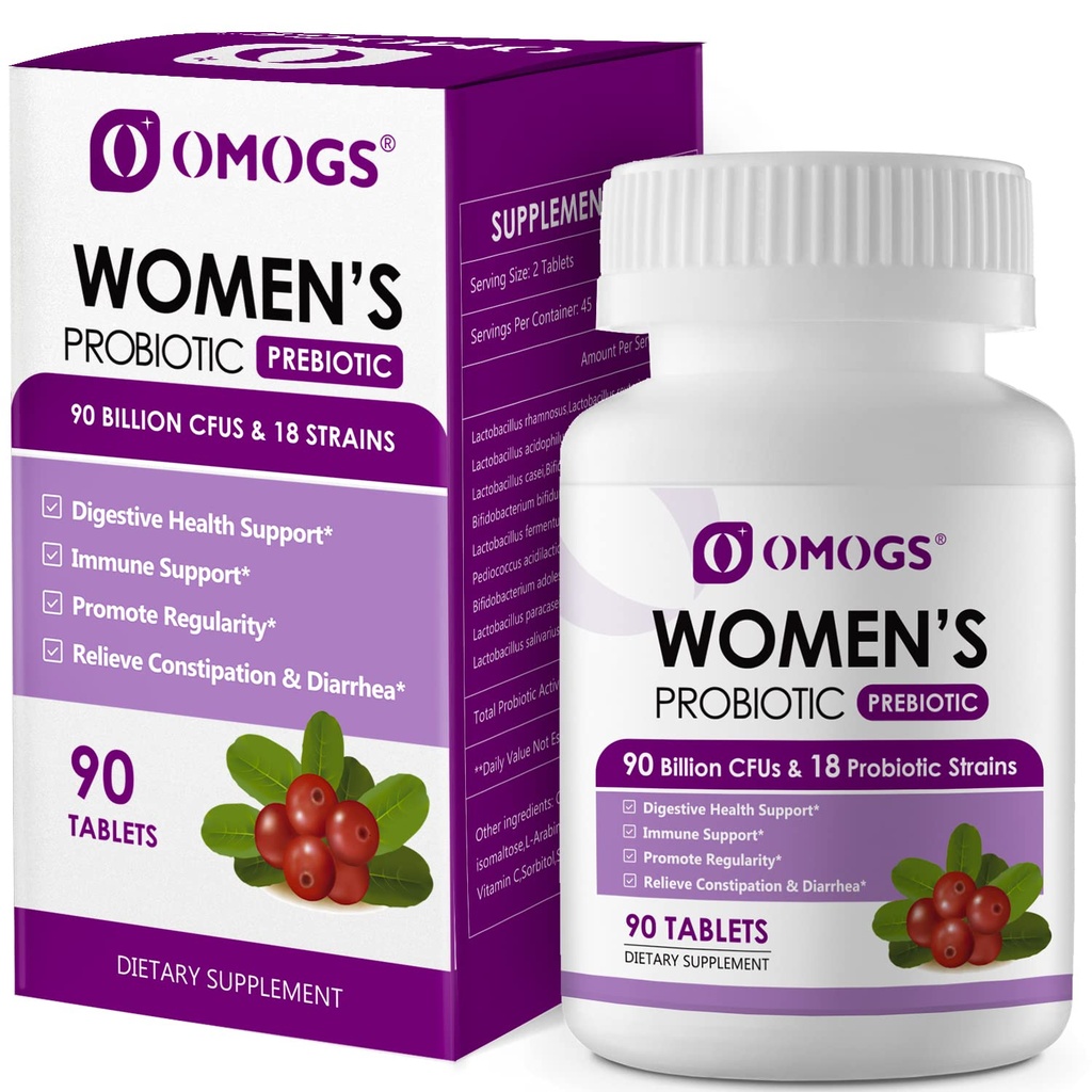 OMOGS Women's Probiotic, med Cranberry Extract, Organic Prebiotics & Vitamin C, 90 Billion CFUs,18 Strains, Hjälp för att öka immun, Digestive, Gut Health & Women's Health, Gluten & Soy Free,90 tabletter