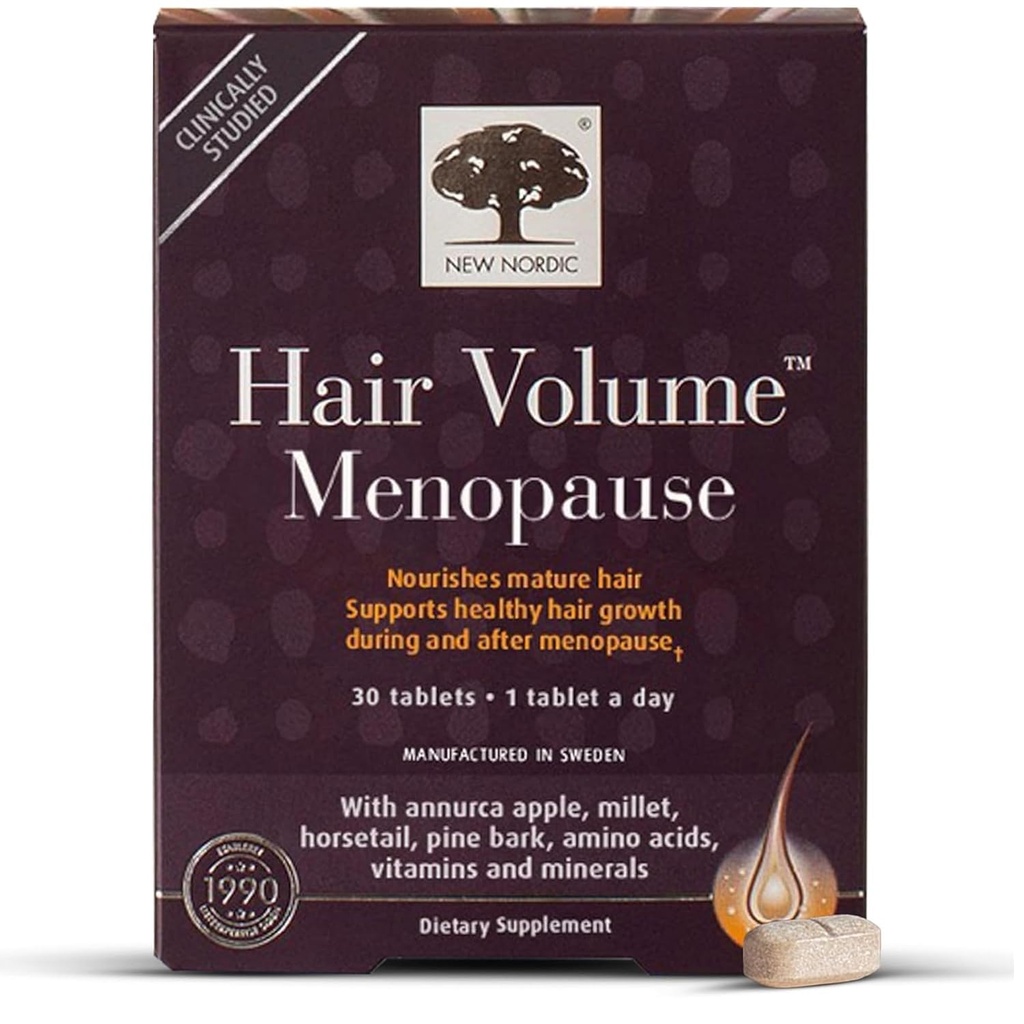 New Nordic Hair Volume Menopause stöder hälsosam hårväxt under och efter klimakteriet, Pine Bark och Annurca Apple Extract, 30 tabletter