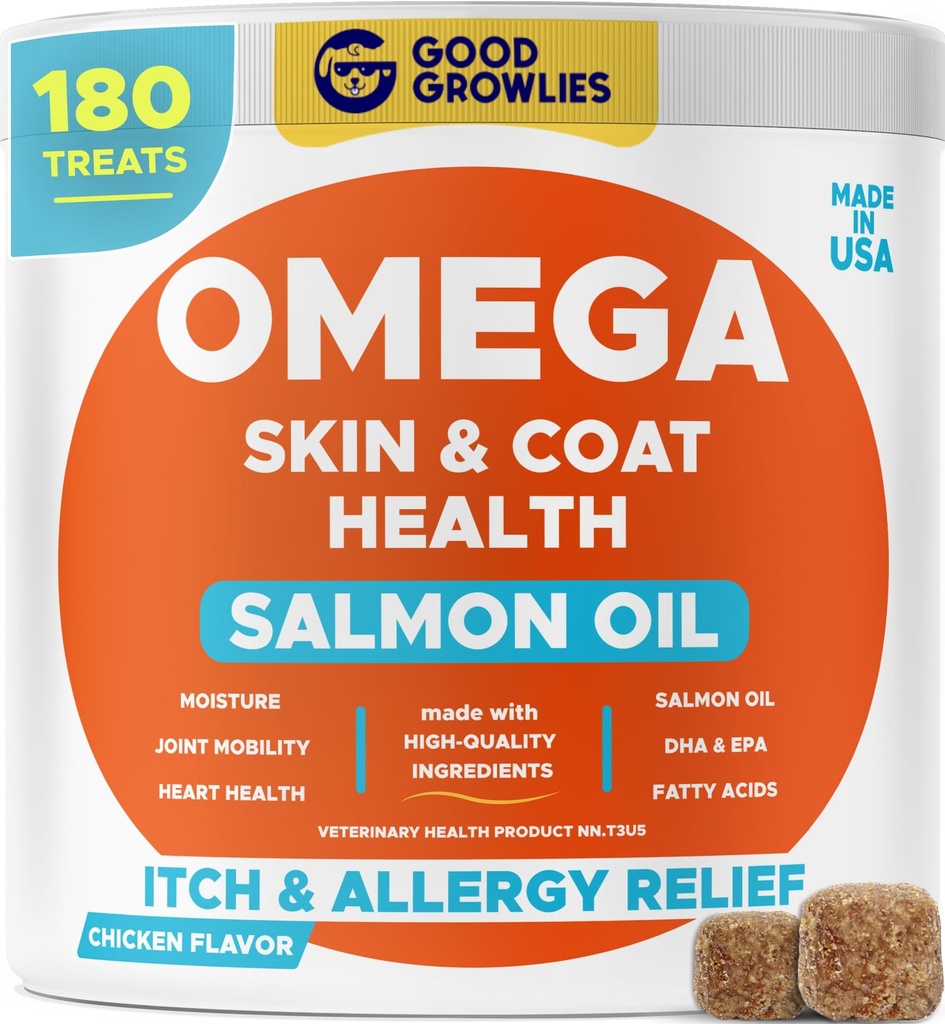 Omega 3 Fiskolja för hundar (180 Ct) - Hud & Coat Chews - Torr & Itchy Skin Relief + Allergy Support - Shiny Coats - EPA & DHA Fatty Acids - Natural Salmon Oil Chews främjar hjärta, Hip & Joint Support