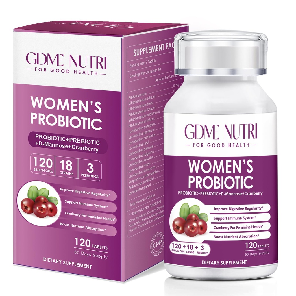 Women's Probiotics, 120 Tablets 120 Billion CFU 18 Strains, Contains Organic Prebiotic Cranberry, Probiotic Supplement for Digestion, Immunity, Women's Health, Soy Gluten Dairy Free
