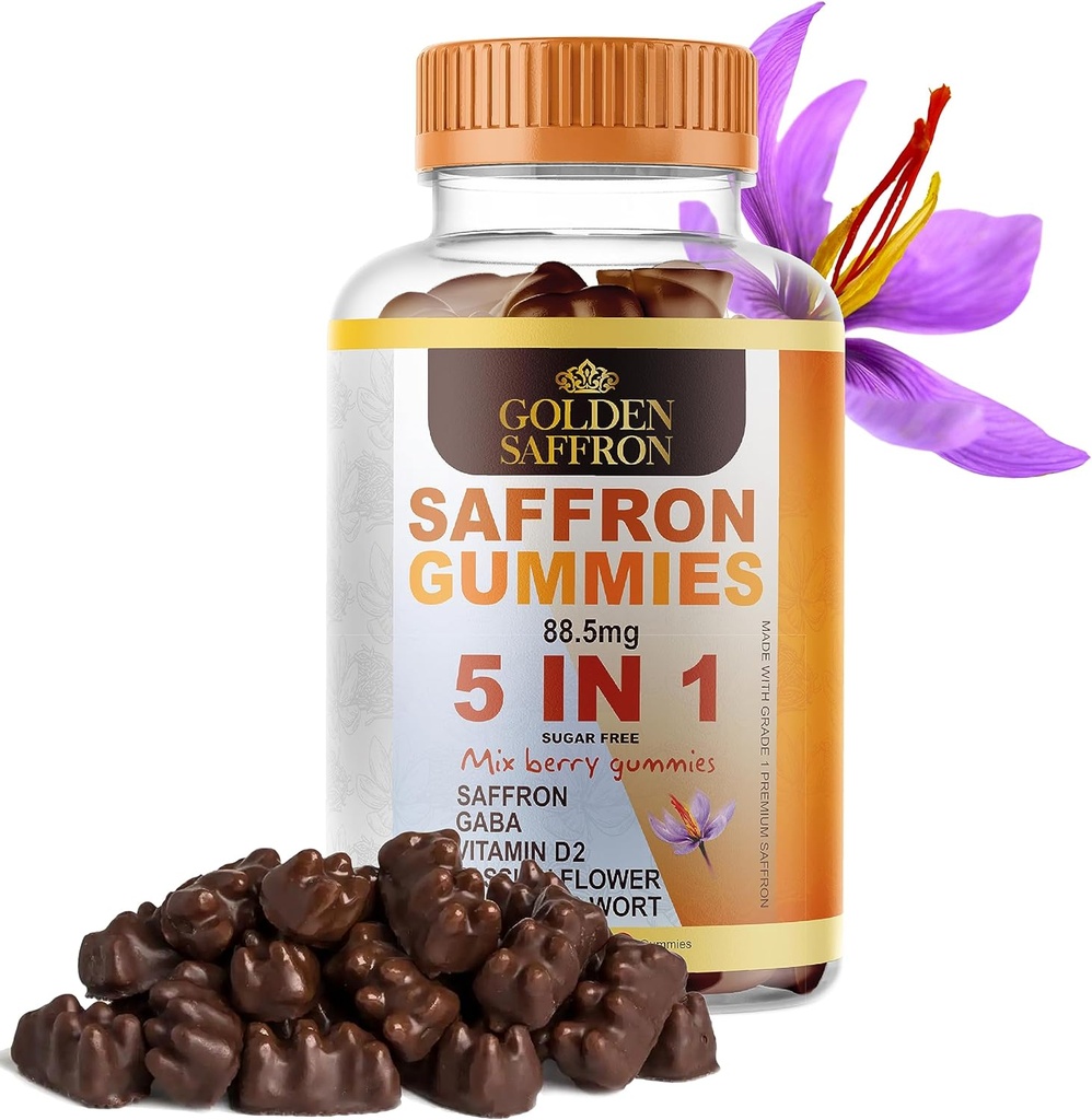 GOLDEN SAFFRON, Saffron Gummies innehåller 88,5 mg. Pure Saffron Extract + GABA, Vitamin D2, Passion Flower och St John's Wort, för Holistic Wellness, körsbär smak Vegan