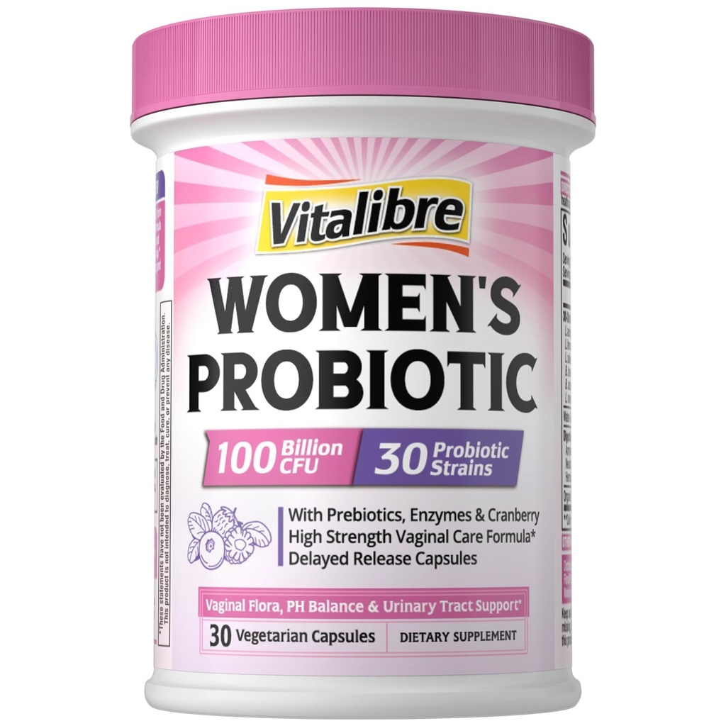 Vitalibre Probiotics for Women 30 Strains, 100 Billion CFU Vaginal Probiotics med Digestive Enzymes, Prebiotics & Cranberry för urinvägs hälsa, pH Balance, 30 Veggie Capsules