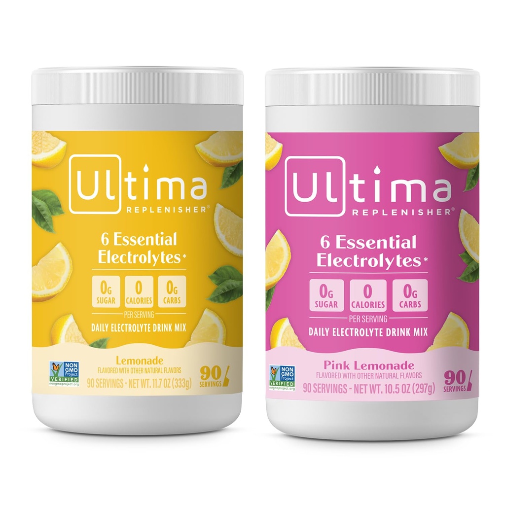 Ultima Replenisher Electrolyte Powder Drink Mix Bundle - Sugar Free - Lemonade och Pink Lemonade, 90 Servings - Hydration Powder - 6 Key Electrolytes och Trace Minerals - Keto Friendly, Non-GMO