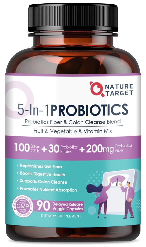 NATURE TARGET Probiotics for Women-Men Digestive Health, Mens-Womens Probiotic with Prebiotics, 100 Billion for Gut and Immune Health, No Refrigeration, 90 Veggie Capsules (45 Days Supply)