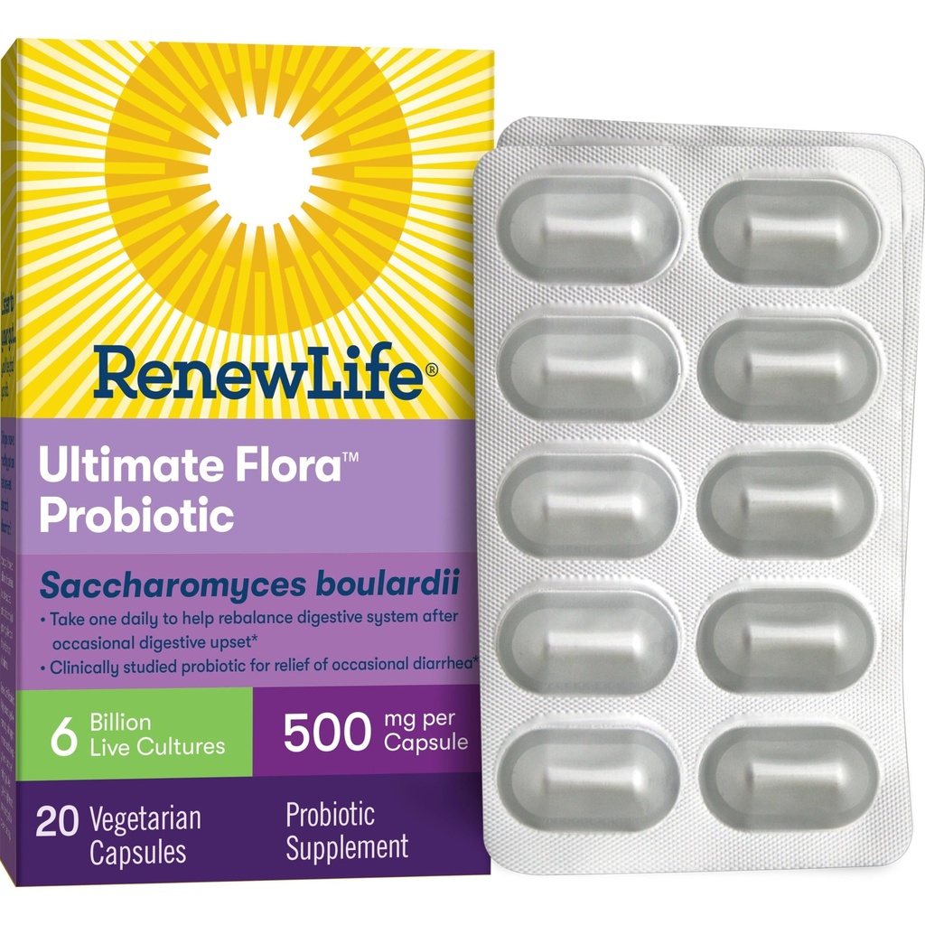 Renew Life Ultimate Flora Probiotic Capsules, Daily Supplement Relieves Occasional Digestive Upset and Diarrhea, Saccharomyces Boulardii, Dairy, Soy and gluten-free, 6 Billion CFU, 20 Count