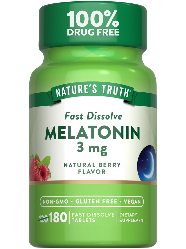 Naturens Sanning Melatonin 3mg Snabbupplösta tabletter | 180 greve | Naturbär smak | Vegan, icke-GMO & Gluten fri tillägg