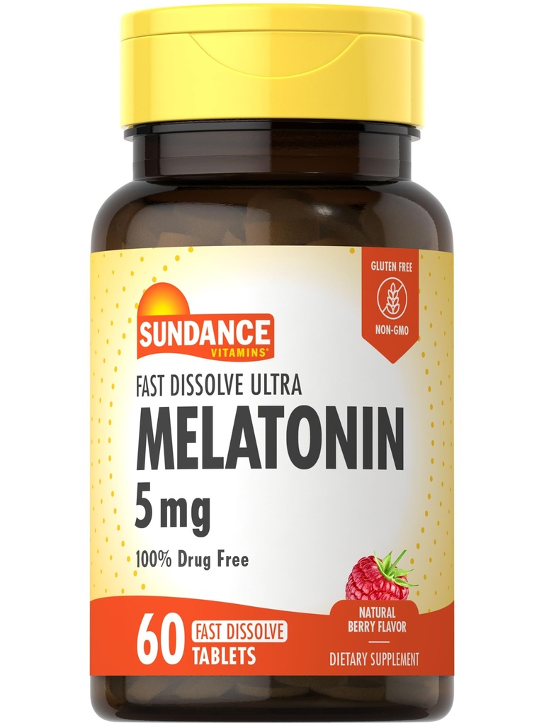 Sundance Melatonin 5mg Snabbupplösta tabletter | 60 greve | Natural Berry Flavor | Vegetarian, icke-GMO och Gluten fri tillägg