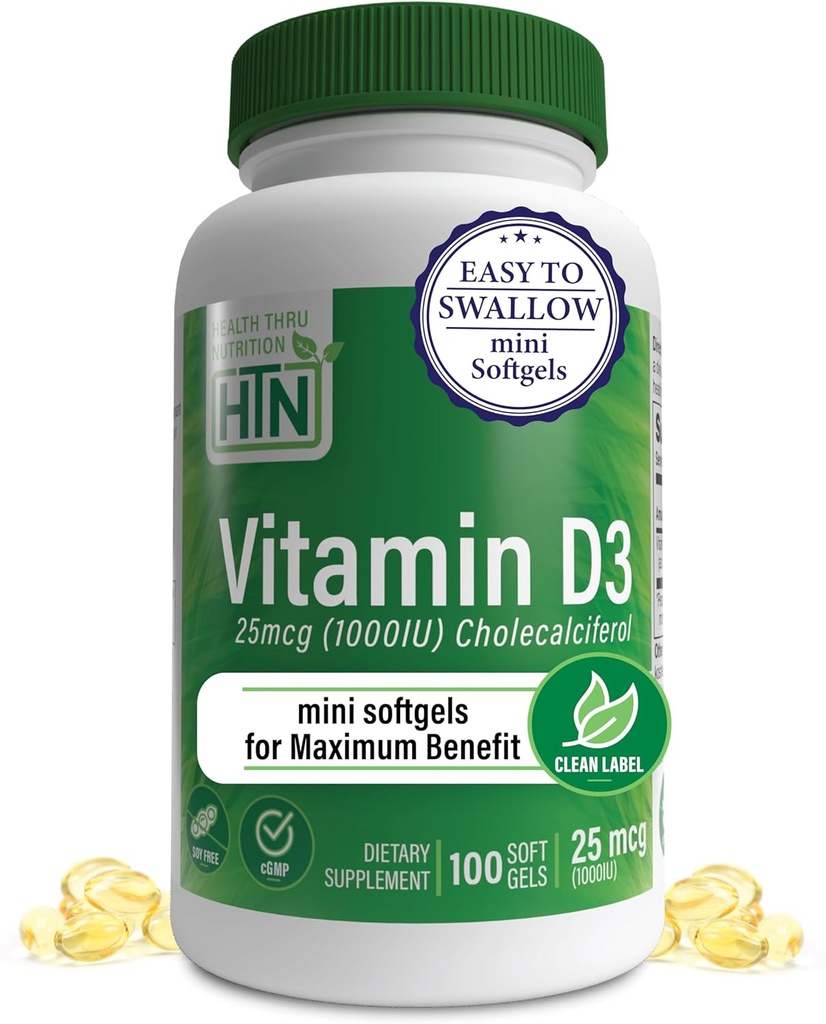 Health Thru Nutrition Vitamin D3 1000iu 100 Mini Softgels för maximal nytta | 25mcg Cholecalciferol | 3rd Party Tested | Non-GMO USP Grad i organisk EVOO | Immun Health Support