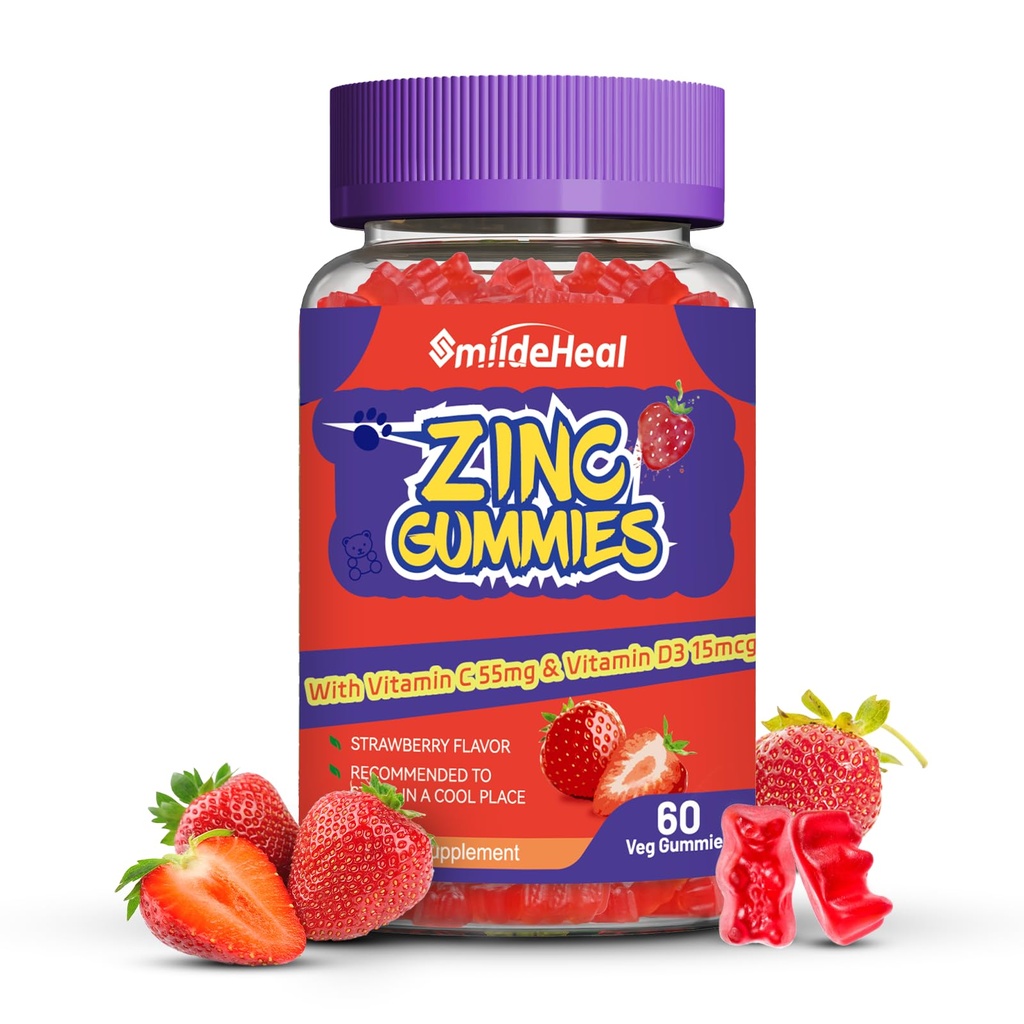 Zinc Gummies, Zinc 50mg, Zinc Citrate, with Vitamin C, Vitamin D3, Non-GMOs, Gluten Free, Strawberry Flavor Gummies, 60 Count