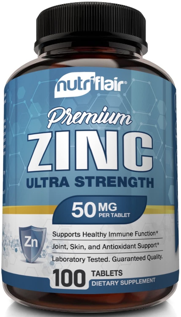 NutriFlair Zinc Gluconate 50mg, 100 tabletter - High Potency Immune System Booster Supplement Pills, Immunity Defense, Powerful Natural Antioxidant, Non-GMO, Jämför med zink picolinate, citrat, oxid