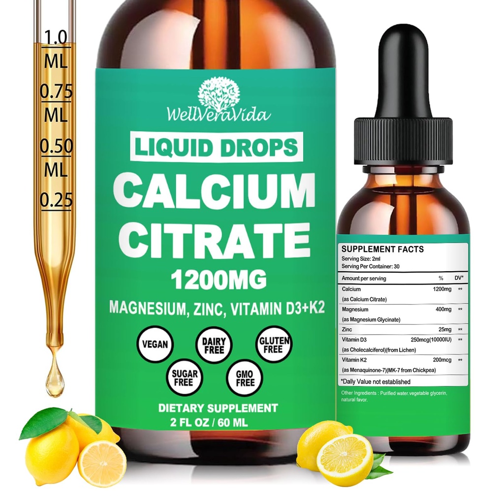 Calcium Citrate Supplements for Women & Men, Calcium 1200mg with Vitamin D3 K2 Drops, High Absorption Liquid Calcium Magnesium Zinc Supplement for Bone, Teeth, Cardiovascular & Immune Health, Vegan