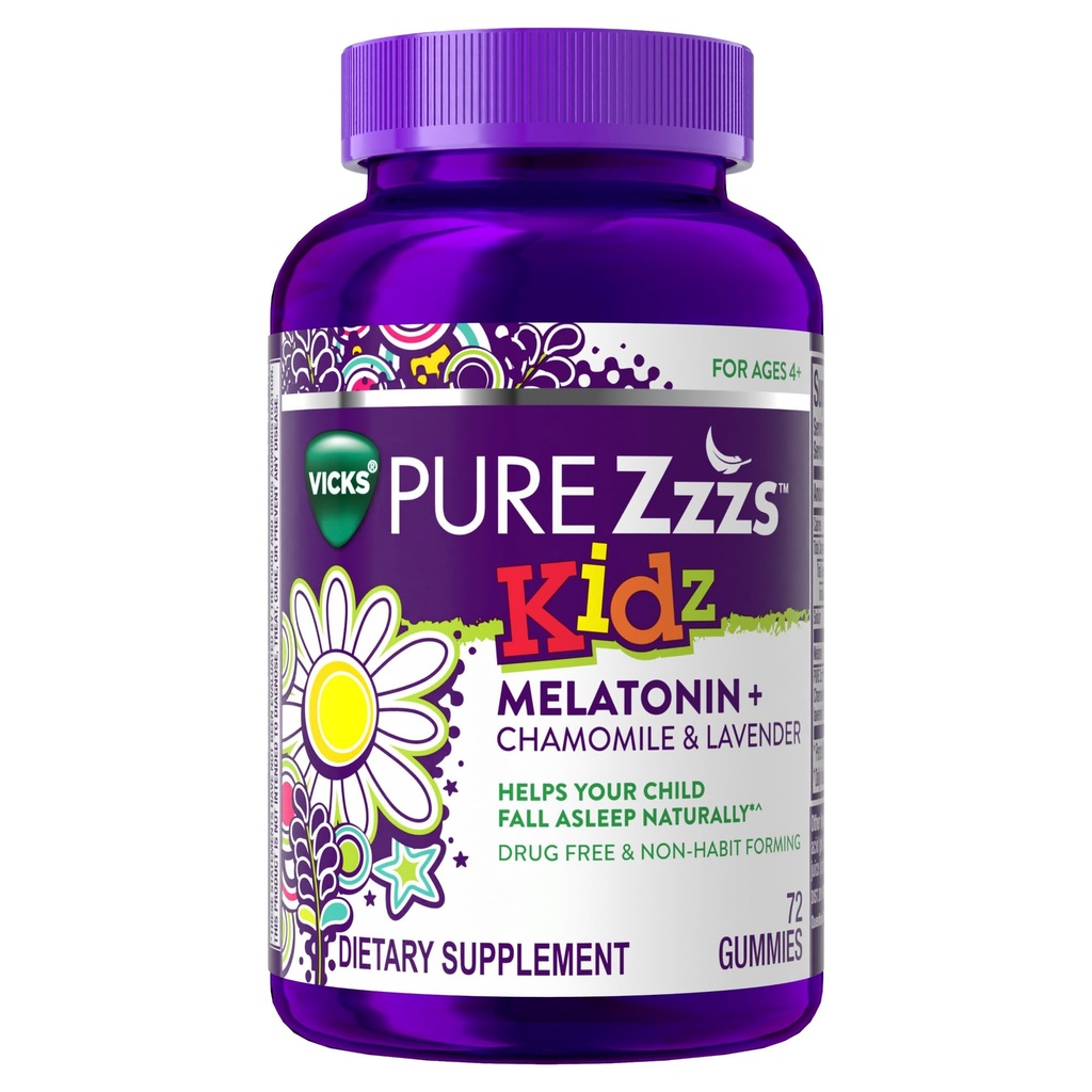 PURE Zzzs Kidz, Kids Melatonin Gummy, Sleep Aid, låg mängd Melatonin för barn, med Chamomile och Lavender, Melatonin 1 mg, Melatonin Gummies Kids, Berry Flavored, 72 Sleep Gummies