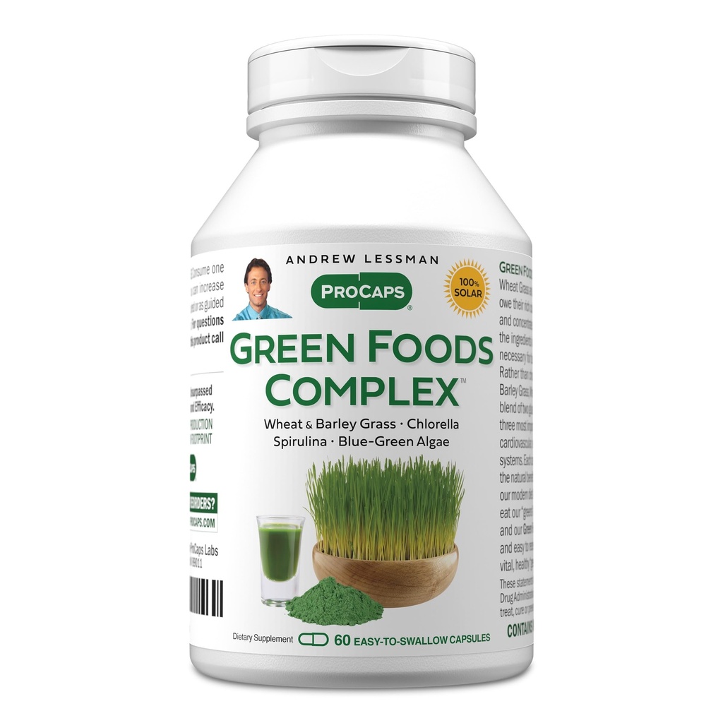 ANDREW LESSMAN Green Foods Complex 60 Capsules - Supplies Building Blocks for Healthy Tissue Growth, Liver Support. 100 mg Each of Barley Grass, Wheat Grass, Blue Green Algae, Chlorella, Spirulina