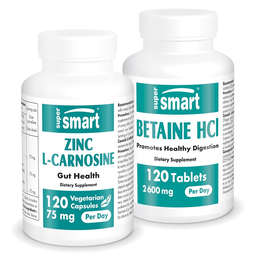 Supersmart - Zink L-Carnosine + Betaine HCl Bundle (Gastric Health) | Non-GMO & Gluten Free - Vegetariska kapslar