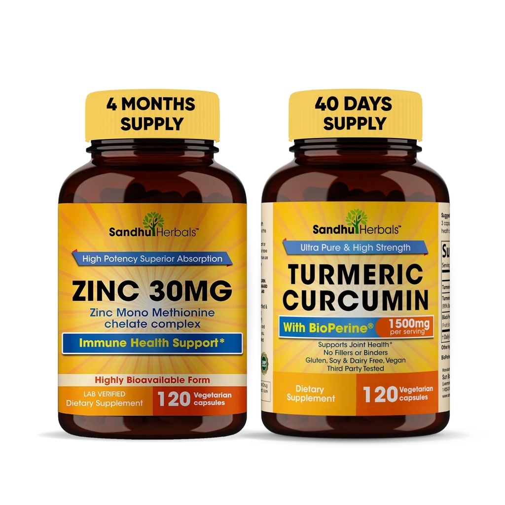 Sandhu Herbals Zinc 30 mg and Organic Turmeric Curcumin with Bioperine Black Pepper Extract | Supports Healthy Skin, Immune System, Joint & Healthy Inflammatory Support | Non-GMO, Made in USA