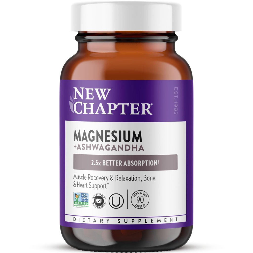 Nytt kapitel Magnesium + Ashwagandha Supplement, 325 mg med Magnesium Glycinate för muskelavslappning och återhämtning, hjärta, nerv och benhälsa, 2.5X Absorption, icke-GMO - 90 ct (3 månads leverans)