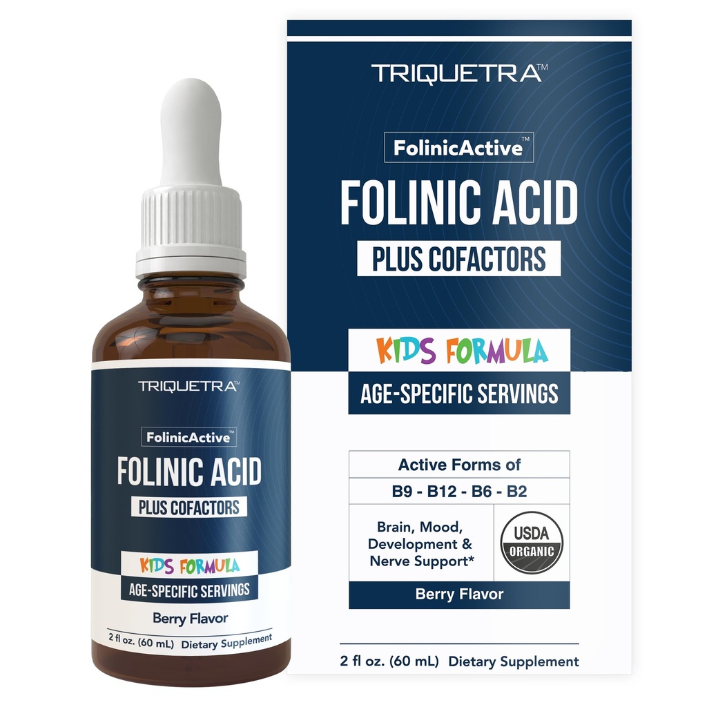 Organic FolinicActive Kids - Folinic Acid + B12, B6 & B2 Cofactors - Gentle Methylation Support for Mood, Energy & Cognition, Age Adjustable Dosing for Kids 1-18, Non GMO, Vegan, Berry Flavor (60mL)