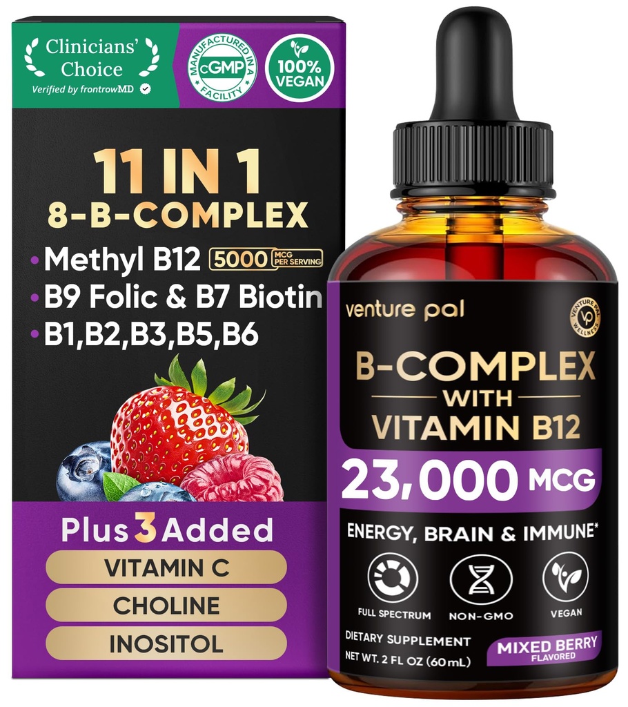 Venture Pal Vitamin B Complex Liquid Drops, B12 Methylcobalamin | B9 Folic | B1,B2,B3,B5,B6,B16 - Vitamin C, Choline, Inositol, Immune & Energy Metabolism, Brain & Heart Support