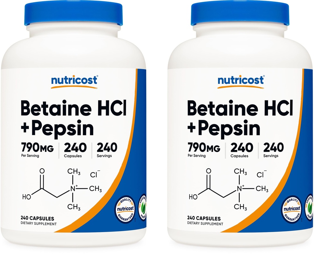 Nutricost Betaine HCl + Pepsin 790mg, 240 kapslar, 2 flaskor (480 kapslar)