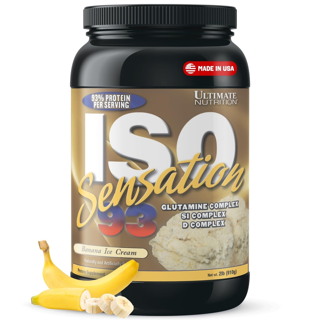 Ultimate Nutrition Whey Protein Isolate Powder med Glutamine Complex, ISO Sensation 93 - Whey Protein Powder med extra Colostrum för förbättrad återhämtning, immunitet & Gut Health - Banana, 2lbs
