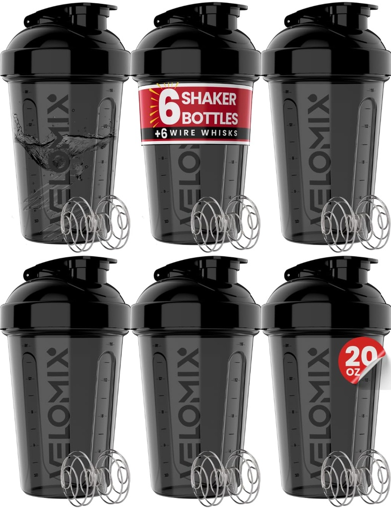 VELOMIX -6 PACK- Shaker Cups för Protein Shakes 20 oz - 6x Wire Whisk | Leak Proof Protein Shaker Bottle för Protein Shakes, Shaker Bottle Pack för Pre & Post Workout, Shaker Cup (ALL I BLACK)