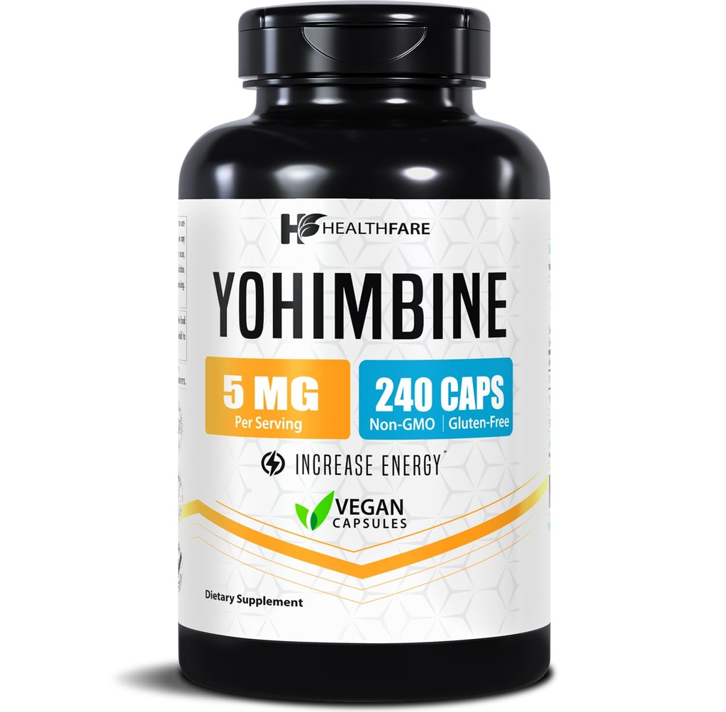 Healthfare Yohimbine HCL 5mg | 240 Vegan kapslar | Maximal styrka Formel | Vegan, icke-GMO, Gluten-Free | Tillverkad i USA