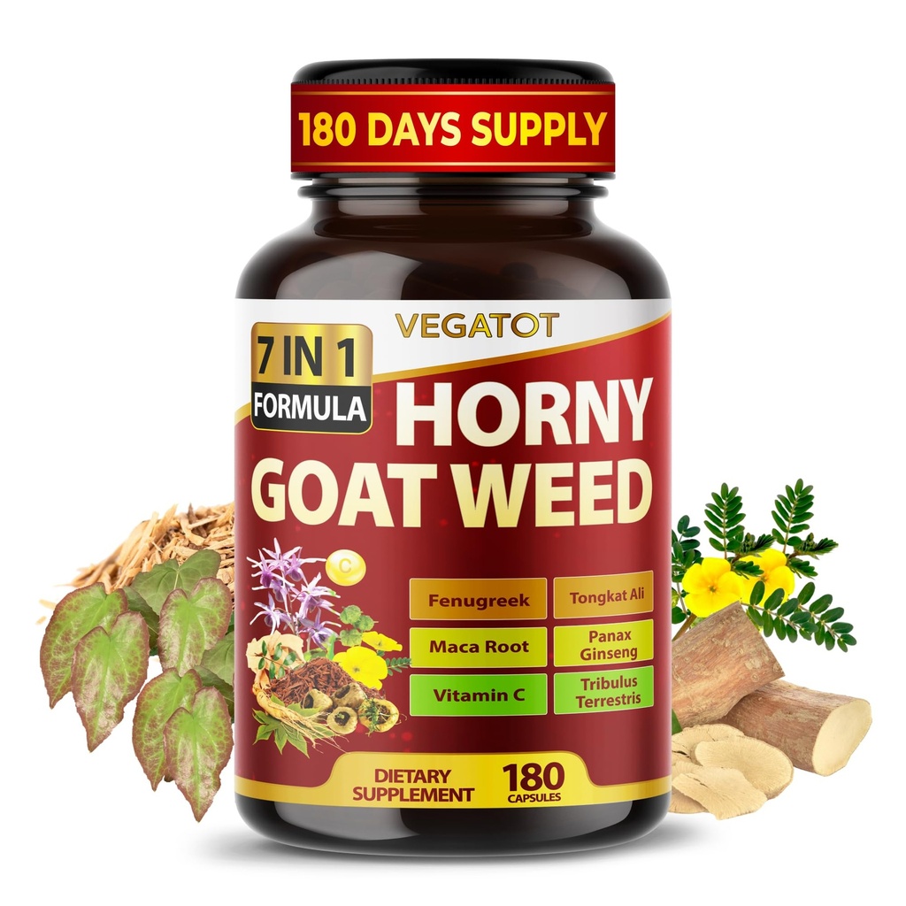 Horny Goat Weed 600 mg med Yohimbine, Tongkat Ali, Maca, Tribulus & Panax Ginseng - 8-i-1 Styrka & Vitalitet Support - 180 kapslar - Vegatot - Gluten-Free, Lab Verified