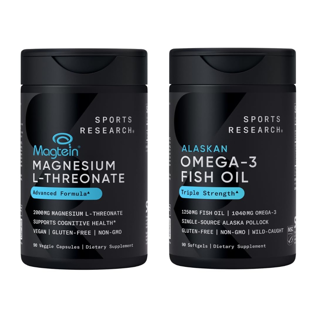 Sports Research® 90 Ct Cognitive Health Support Pack - Triple Strength Omega 3 Fish Oil EPA DHA Fatty Acids från Single-Source Wild Alaskan Pollock & Magtein Magnesium L-Threonate för minne, Focus