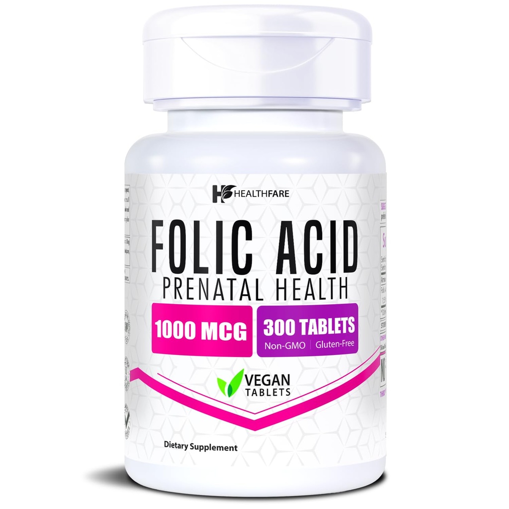 Healthfare Folic Acid 1000mcg | 300 Veg Tablets | Vitamin B9 | Gluten-Free | Icke-GMO | Made in USA