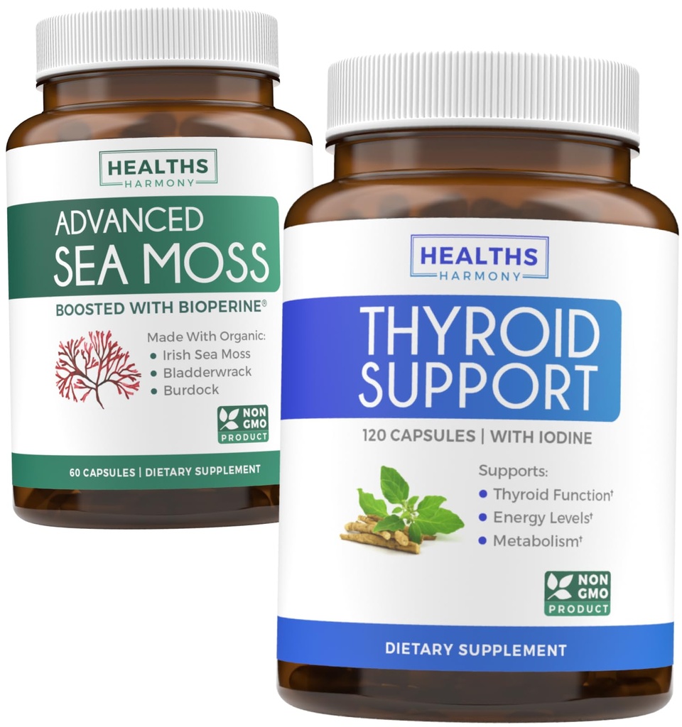 Bundle of Thyroid Support & Sea Moss - Sea Moss Thyroid Care Pack - Thyroid Support med jod (120 Caps) & Irländska Sea Moss Capsules - Raw Vegan Supplement med BioPerine (Non-GMO & Organic)